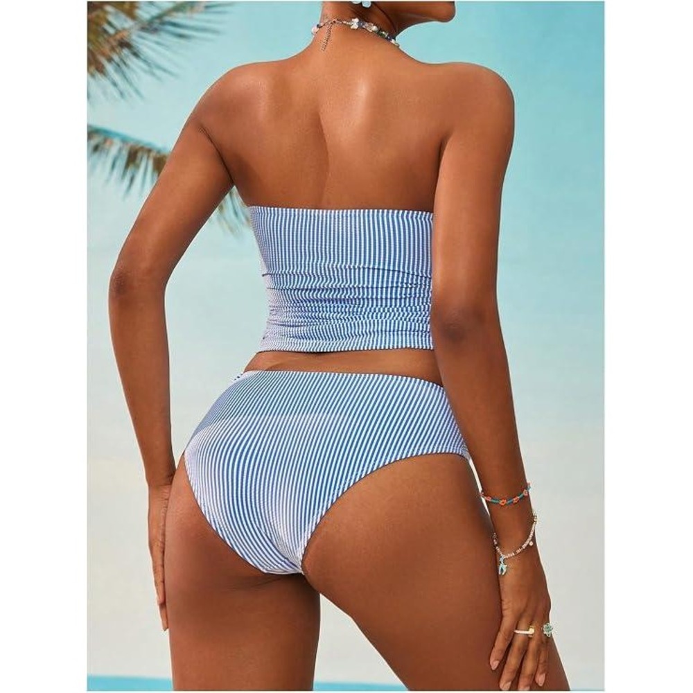 Zaful Womens Blue White Strapless Tankini Tummy Control Swimsuit Set Size S NWT - Picture 2 of 8